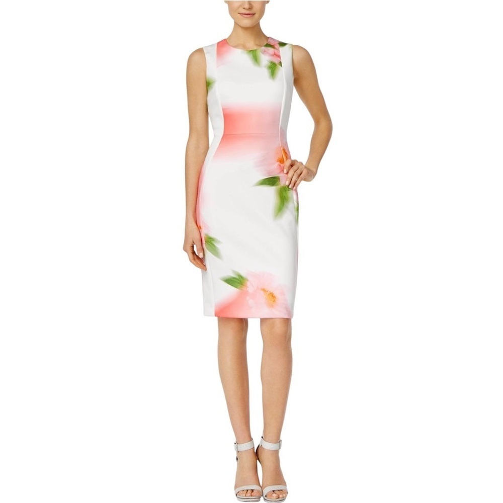 Calvin Klein Women’s White Floral Sleeveless Fitted Sheath Midi Dress Size 10P